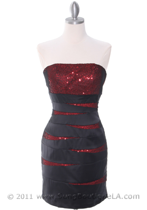 8137 Black/Red Sequin Cocktail Dress, Black Red