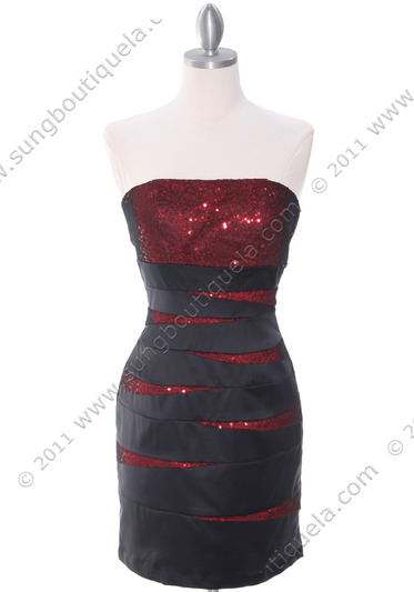 8137 Black/Red Sequin Cocktail Dress - Black Red, Front View Medium