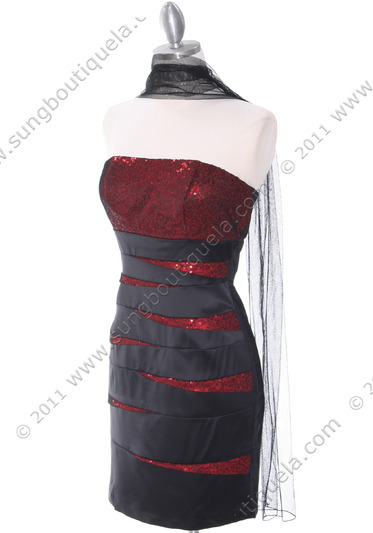 8137 Black/Red Sequin Cocktail Dress - Black Red, Alt View Medium