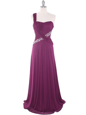 8312 Plum One Shoulder Pleated Evening Dress, Plum