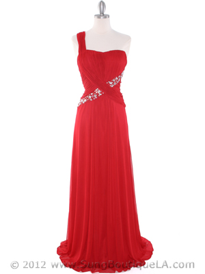 8312 Red One Shoulder Pleated Evening Dress, Red
