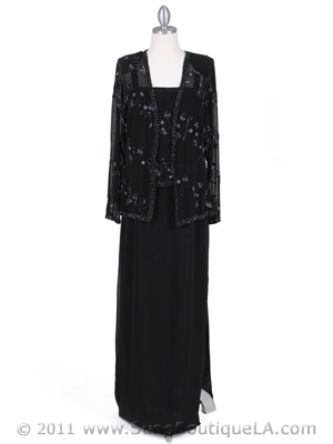 8324 Black Beaded Mock Two Piece Dress with Jacket, Black