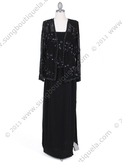 8324 Black Beaded Mock Two Piece Dress with Jacket - Black, Front View Medium