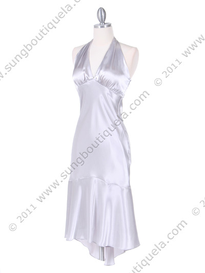 8397 Silver Charmeuse Halter Cocktail Dress - Silver, Back View Medium