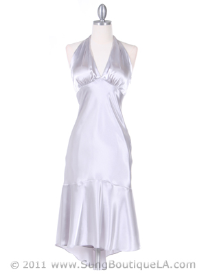 8397 Silver Charmeuse Halter Cocktail Dress, Silver