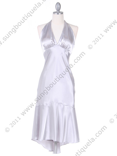 8397 Silver Charmeuse Halter Cocktail Dress - Silver, Front View Medium