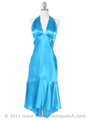 8397 Turquoise Charmeuse Halter Cocktail Dress, Turquoise