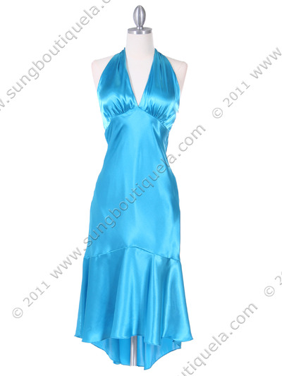 8397 Turquoise Charmeuse Halter Cocktail Dress - Turquoise, Front View Medium