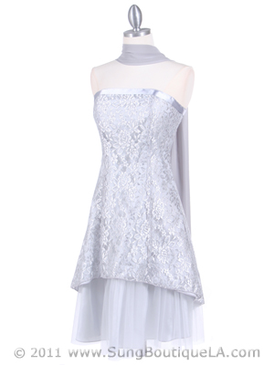 8418 Silver Laced Cocktail Dress, Silver