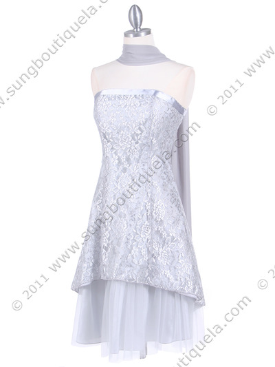 8418 Silver Laced Cocktail Dress - Silver, Front View Medium