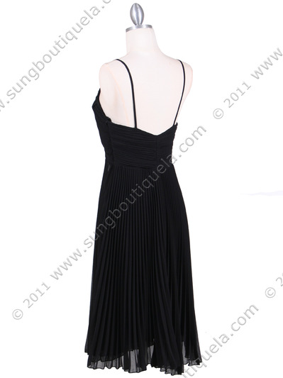 8420 Black Pleated Cocktail Dress with Rhinestone Pin - Black, Back View Medium