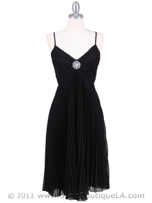 8420 Black Pleated Cocktail Dress with Rhinestone Pin, Black