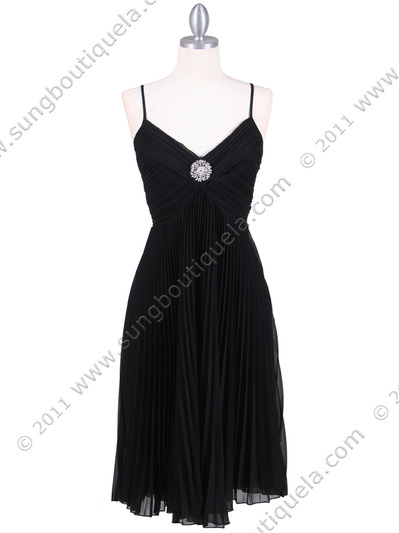 8420 Black Pleated Cocktail Dress with Rhinestone Pin - Black, Front View Medium