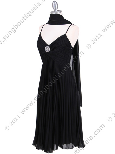 8420 Black Pleated Cocktail Dress with Rhinestone Pin - Black, Alt View Medium
