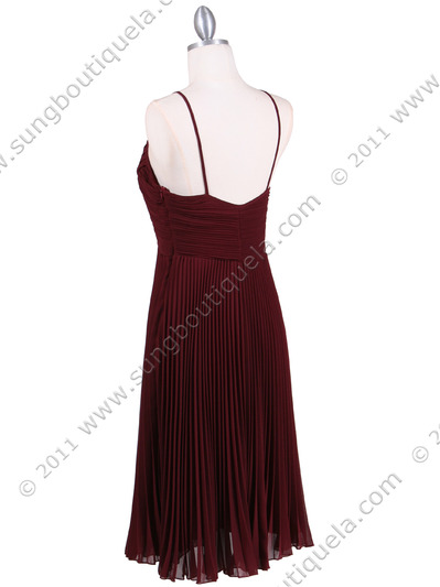 8420 Burgundy Pleated Cocktail Dress with Rhinestone Pin - Burgundy, Back View Medium