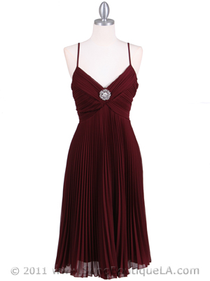 8420 Burgundy Pleated Cocktail Dress with Rhinestone Pin, Burgundy