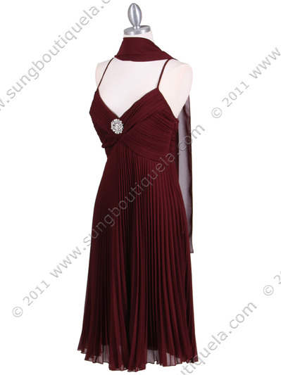 8420 Burgundy Pleated Cocktail Dress with Rhinestone Pin - Burgundy, Alt View Medium