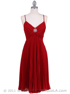8420 Red Pleated Cocktail Dress with Rhinestone Pin, Red