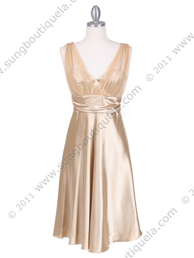 8474 Gold Glitter Tea Length Dress - Gold, Front View Medium