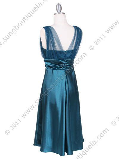8474 Teal Glitter Tea Length Dress - Teal, Back View Medium