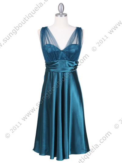 8474 Teal Glitter Tea Length Dress - Teal, Front View Medium