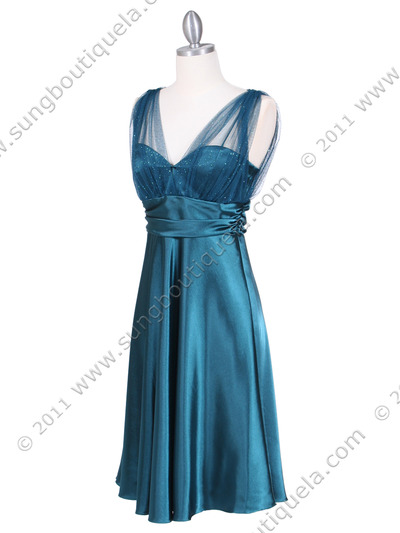 8474 Teal Glitter Tea Length Dress - Teal, Alt View Medium