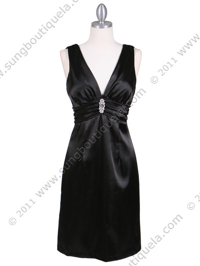 8476 Black Cocktail Dress with Rhinestone Pin - Black, Front View Medium