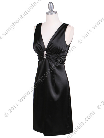 8476 Black Cocktail Dress with Rhinestone Pin - Black, Alt View Medium
