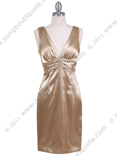 8476 Gold Cocktail Dress with Rhinestone Pin - Gold, Front View Medium