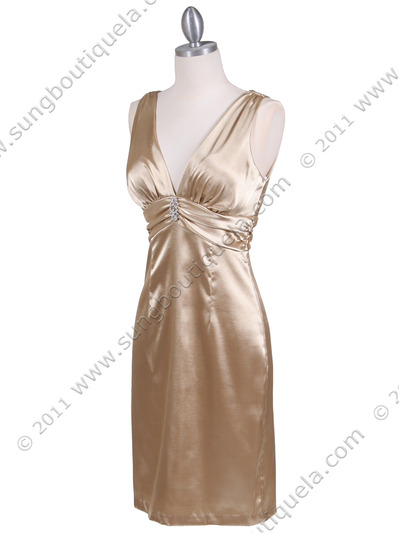 8476 Gold Cocktail Dress with Rhinestone Pin - Gold, Alt View Medium