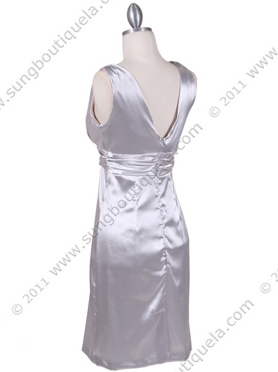 8476 Silver Cocktail Dress with Rhinestone Pin - Silver, Back View Medium