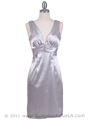 8476 Silver Cocktail Dress with Rhinestone Pin, Silver
