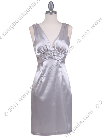 8476 Silver Cocktail Dress with Rhinestone Pin - Silver, Front View Medium