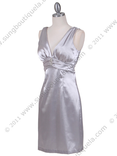 8476 Silver Cocktail Dress with Rhinestone Pin - Silver, Alt View Medium