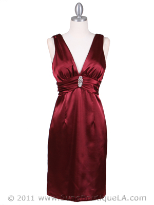 8476 Wine Cocktail Dress with Rhinestone Pin, Wine