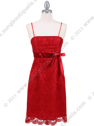 8483 Red Laced Cocktail Dress - Red, Front View Medium