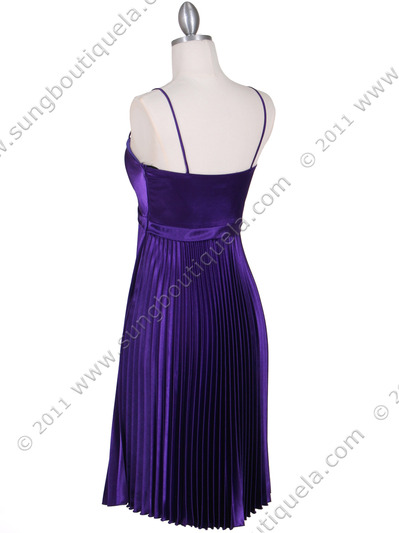 8491 Purple Pleated Cocktail Dress with Rhinestone Pin - Purple, Back View Medium