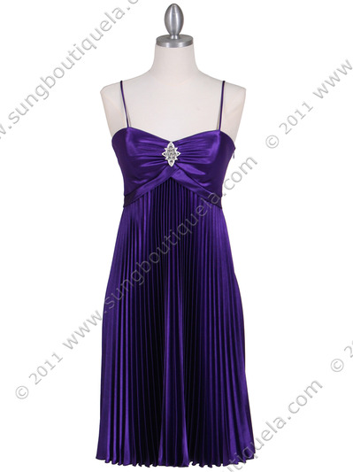 8491 Purple Pleated Cocktail Dress with Rhinestone Pin - Purple, Front View Medium
