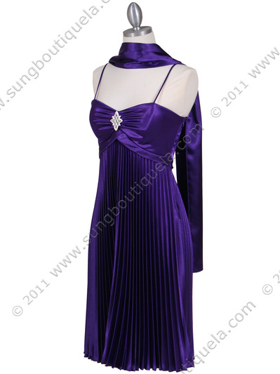 8491 Purple Pleated Cocktail Dress with Rhinestone Pin - Purple, Alt View Medium
