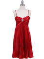 8491 Red Pleated Cocktail Dress with Rhinestone Pin - Red, Front View Thumbnail