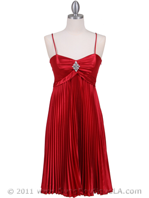 8491 Red Pleated Cocktail Dress with Rhinestone Pin, Red