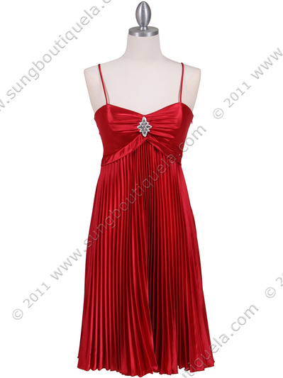 8491 Red Pleated Cocktail Dress with Rhinestone Pin - Red, Front View Medium