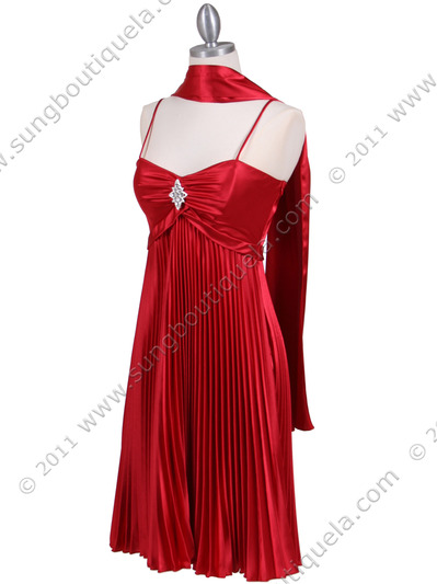 8491 Red Pleated Cocktail Dress with Rhinestone Pin - Red, Alt View Medium