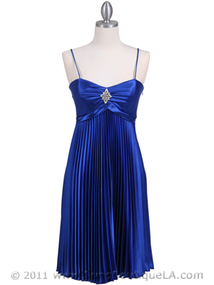 8491 Royal Blue Pleated Cocktail Dress with Rhinestone Pin, Royal Blue