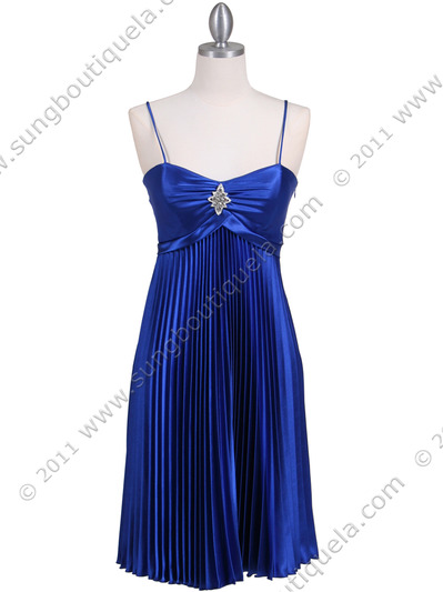 8491 Royal Blue Pleated Cocktail Dress with Rhinestone Pin - Royal Blue, Front View Medium