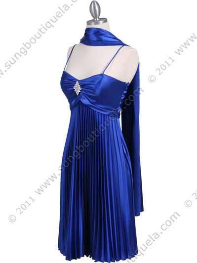 8491 Royal Blue Pleated Cocktail Dress with Rhinestone Pin - Royal Blue, Alt View Medium