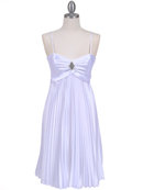 8491 White Pleated Cocktail Dress with Rhinestone Pin, White