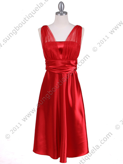 8493 Red Glitter Tea Length Dress - Red, Front View Medium