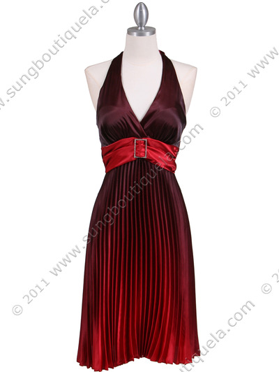 8494 Red 2-tone Pleated Cocktail Dress - Red, Front View Medium
