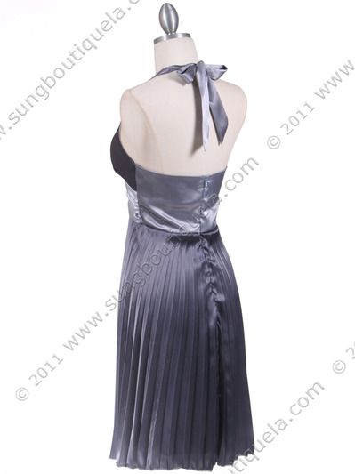8494 Silver 2-tone Pleated Cocktail Dress - Silver, Back View Medium